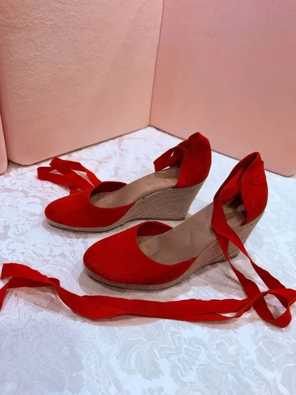 Old Navy Red Lace Up Espadrille Wedge Sandals
